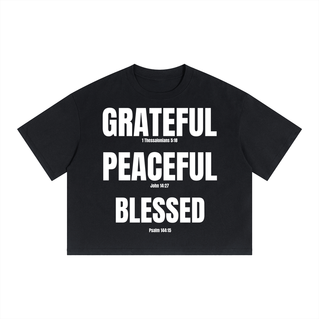 Grateful Peaceful Blessed Boxy Drop Shoulder Crop T-Shirt Black