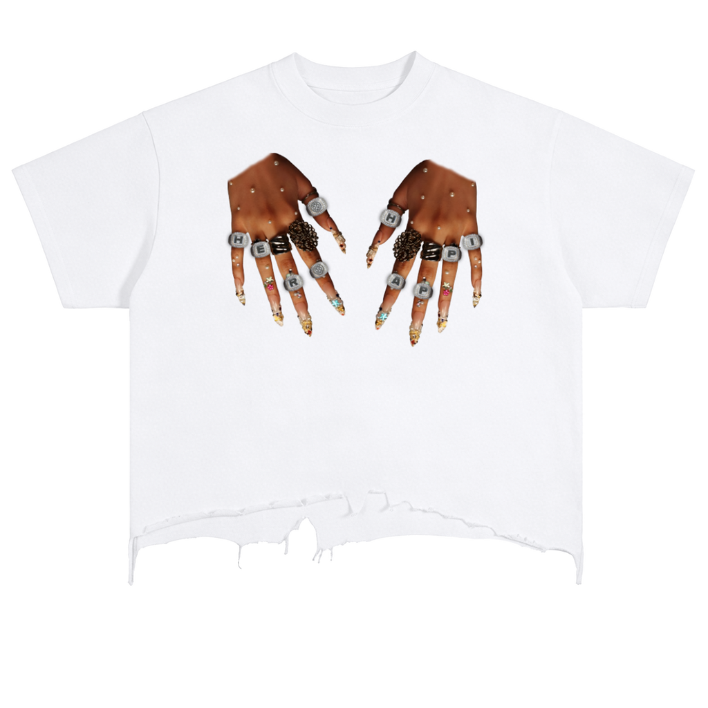 Her Happi Vintage Wash Boxy Distressed Hem Hands T-Shirt