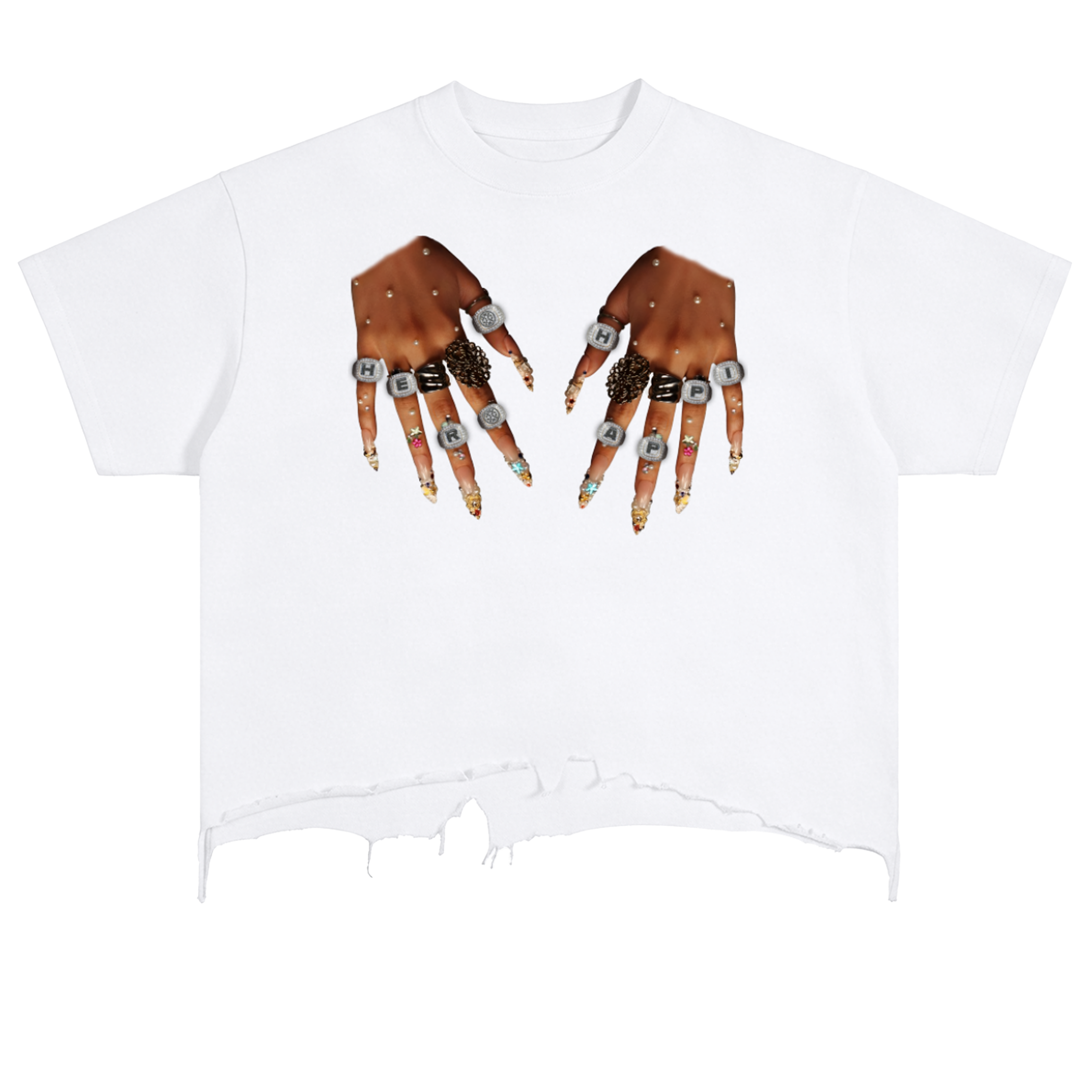 Her Happi Vintage Wash Boxy Distressed Hem Hands T-Shirt